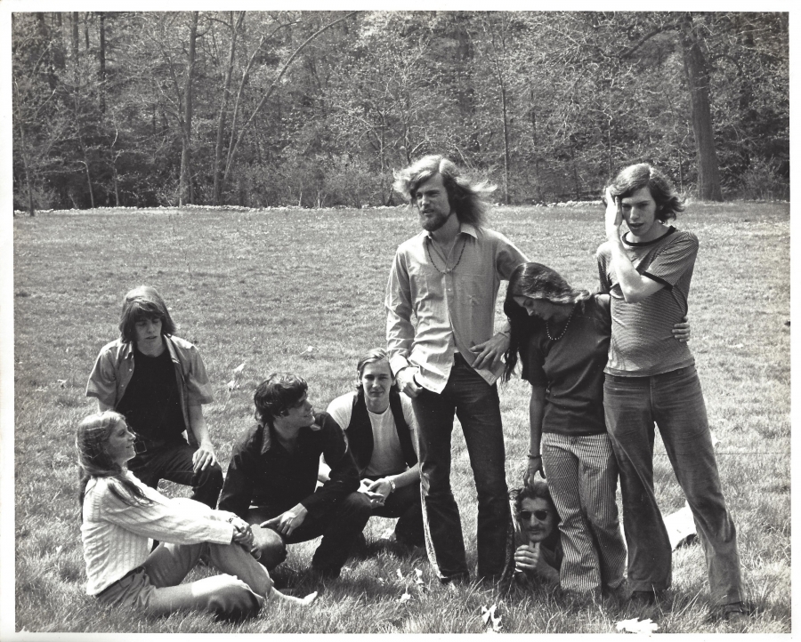 black and white photo of Phaedra band members on the grass